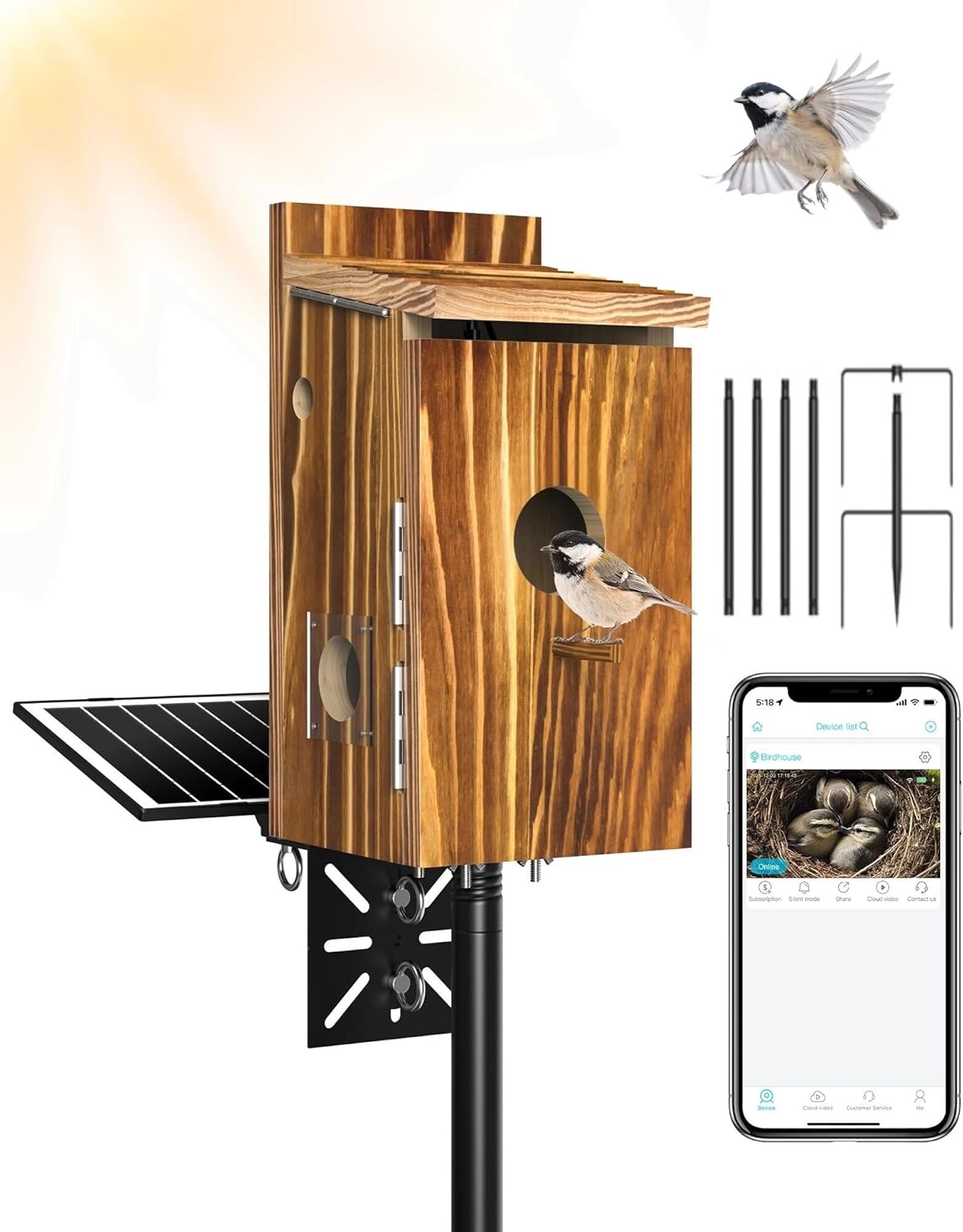 Bird House with Camera Solar Powered,2K HD Wi-Fi Bird Watching, Auto Detect&Notify, Night Vision, APP Control, Birdhouse for Birds Nesting, Wooden Birdhouse with Cam Inside (Include Pole)