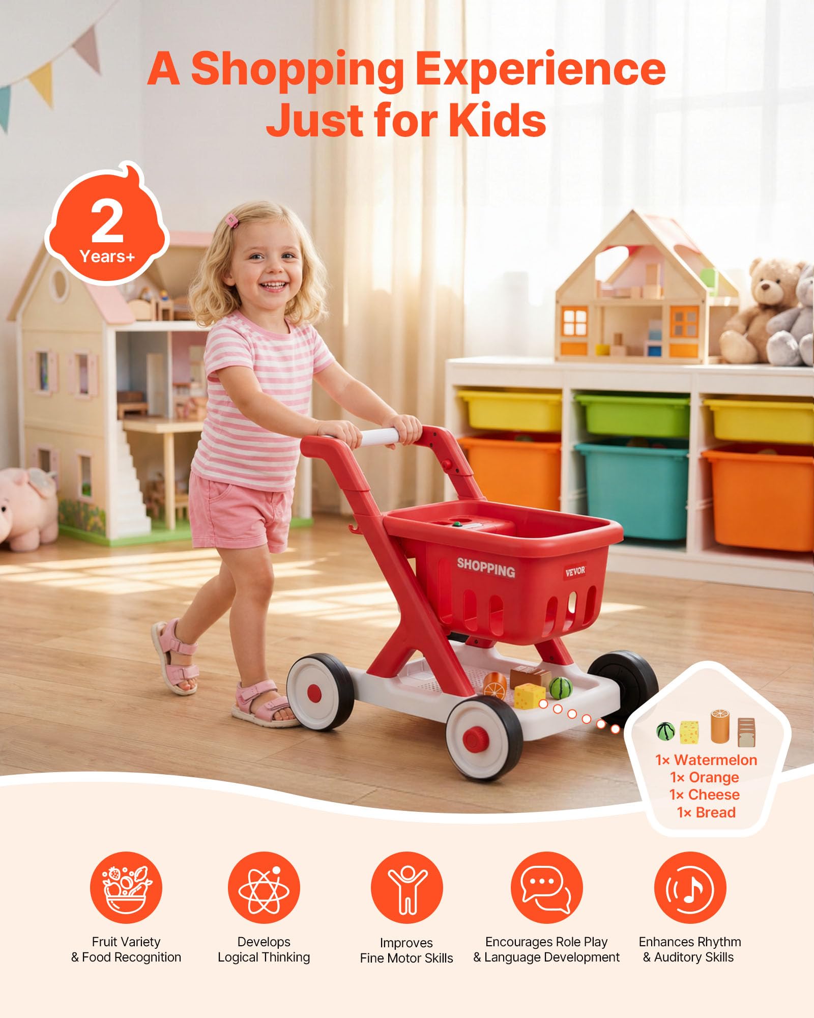 VEVOR Carrello della Spesa Giocattolo per Bambini, Carrello Supermercato Giocattolo, Scan e Sort con Alimenti Finti, Luci e Suoni, Altezza Regolabile, Gioco di Ruolo Supermercato per Bambini da 2 Anni