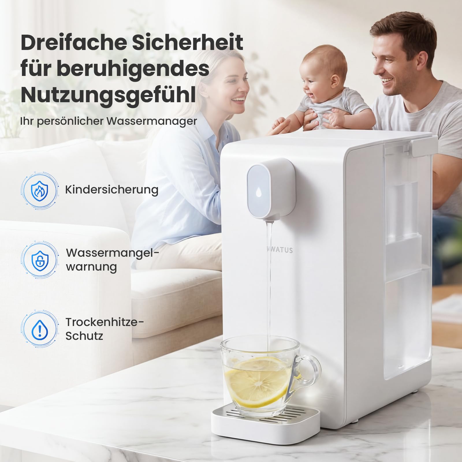 Heißwasserspender, heißes Wasser in Sekunden, Wasserspender mit Filterung und Heizung, enthält 3 Filterpatronen. Filtern Sie Wasser, um Kalk, Chlor,Blei und Kupfer im Leitungswasser zu reduziere