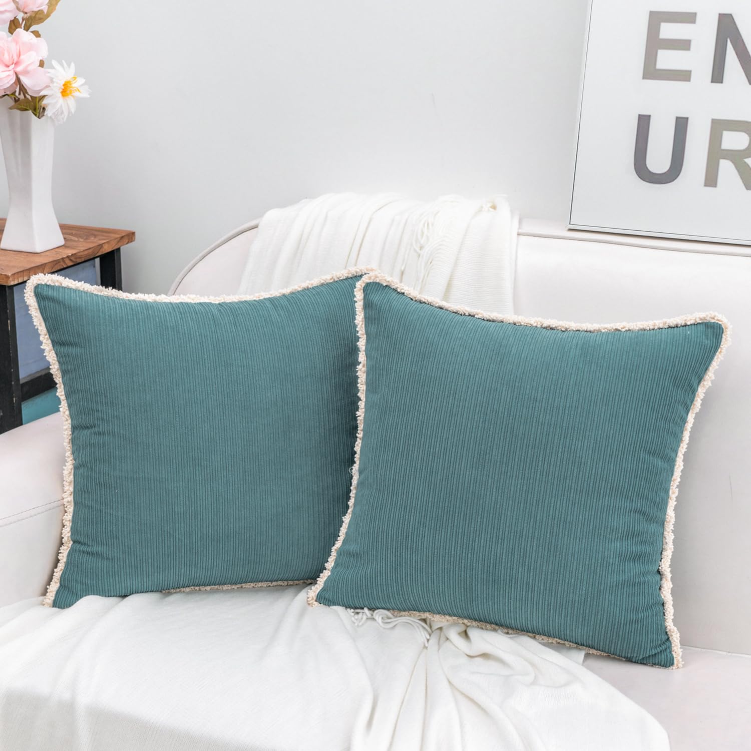 HWY 50 Smoke Blue Chenille Throw Pillow Covers 18x18 Inch with Tassels Fringe, Pack of 2, Soft Boho Farmhouse Cushion Cases for Couch Sofa Bed Living