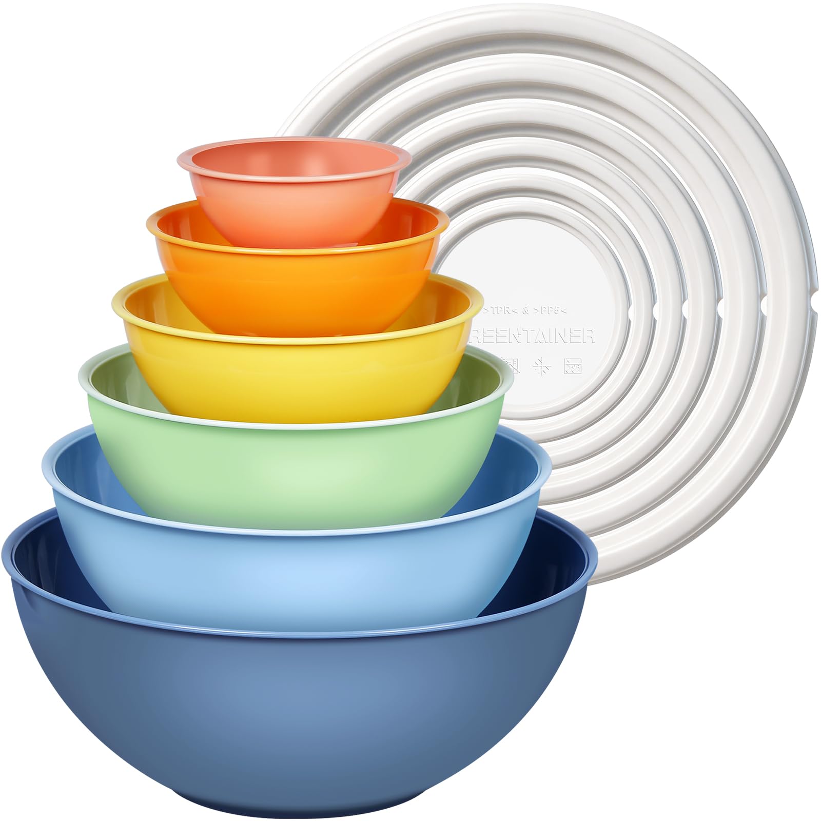 Greentainer Set di ciotole in plastica con coperchio, set da 12 ciotole colorate per la cucina, set di ciotole impilabili con coperchio, 6 ciotole e 6 coperchi, adatte al microonde e al congelatore