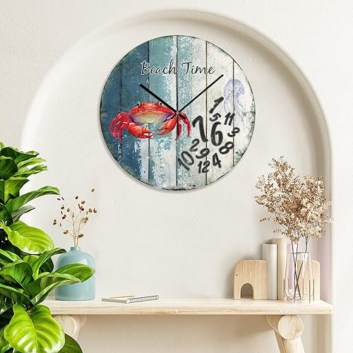 Miniatura 8 de COCOKEN Beach Time - Reloj de pared redondo silencioso de 12 pulgadas, sin tictac, de cuarzo, funciona con pilas, náutico, costero, reloj de