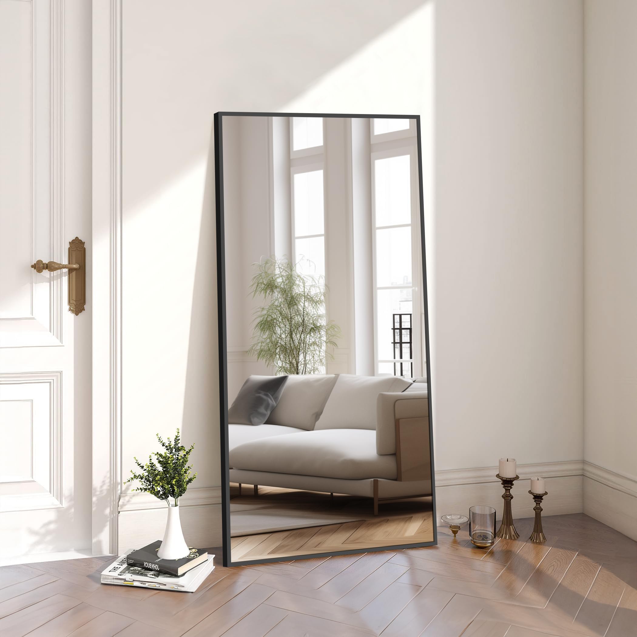 COFENY Specchio da Parete, Specchio da Porta Sospeso Regolabile in Altezza con Ganci, Specchio Rettangolare a Figura Intera Cornice Nera con Angoli Arrotondati per Camera da Letto COFENY Specchio da Parete, Specchio da Porta Sospeso Regolabile in Altezza con Ganci, Specchio Rettangolare a Figura Intera Cornice Nera con Angoli Arrotondati per Camera da Letto