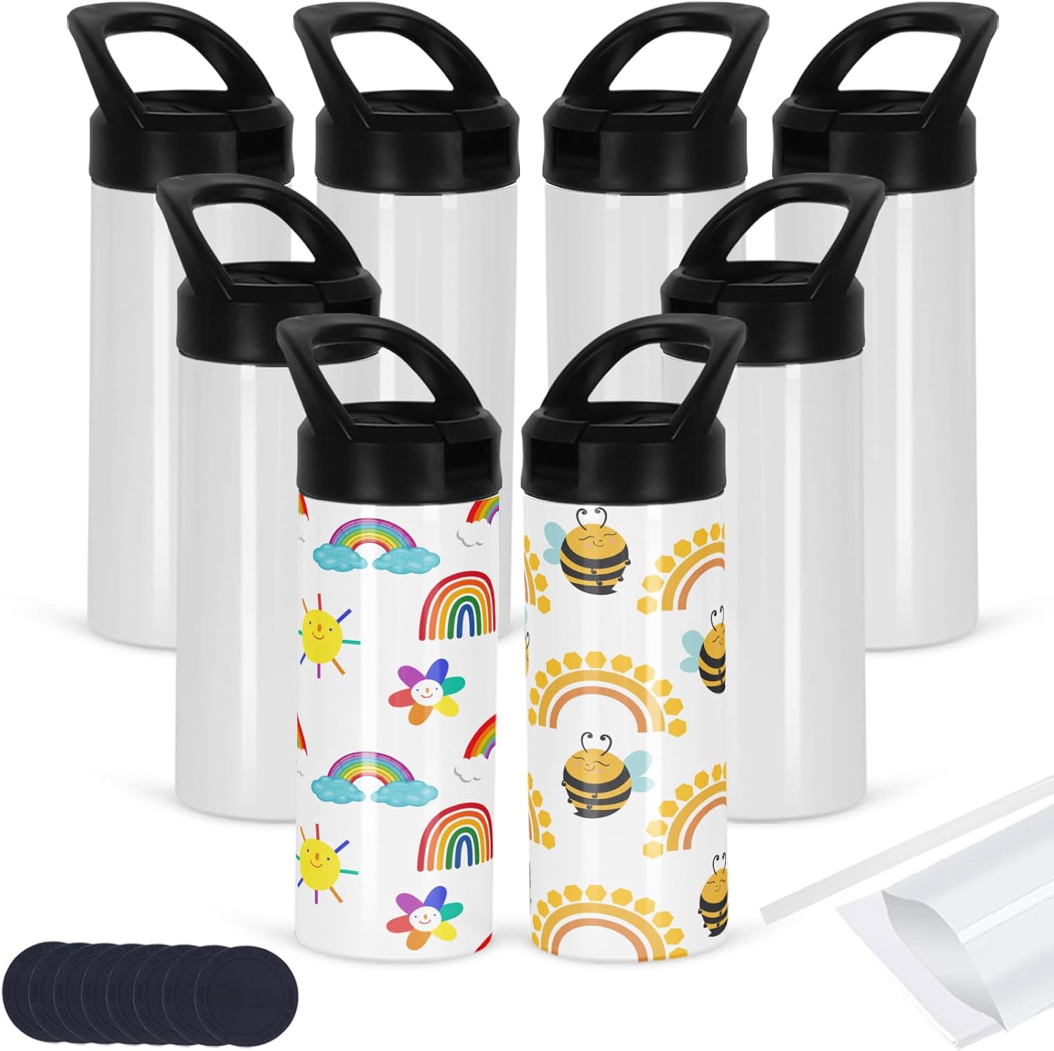 8 Pack Kid Sublimation Sports Water Bottle Blanks, 15 Oz Sublimation Tumblers Bulk Leak Proof Stainless Steel Bottles Flask with Portable Handle, Individually Boxed