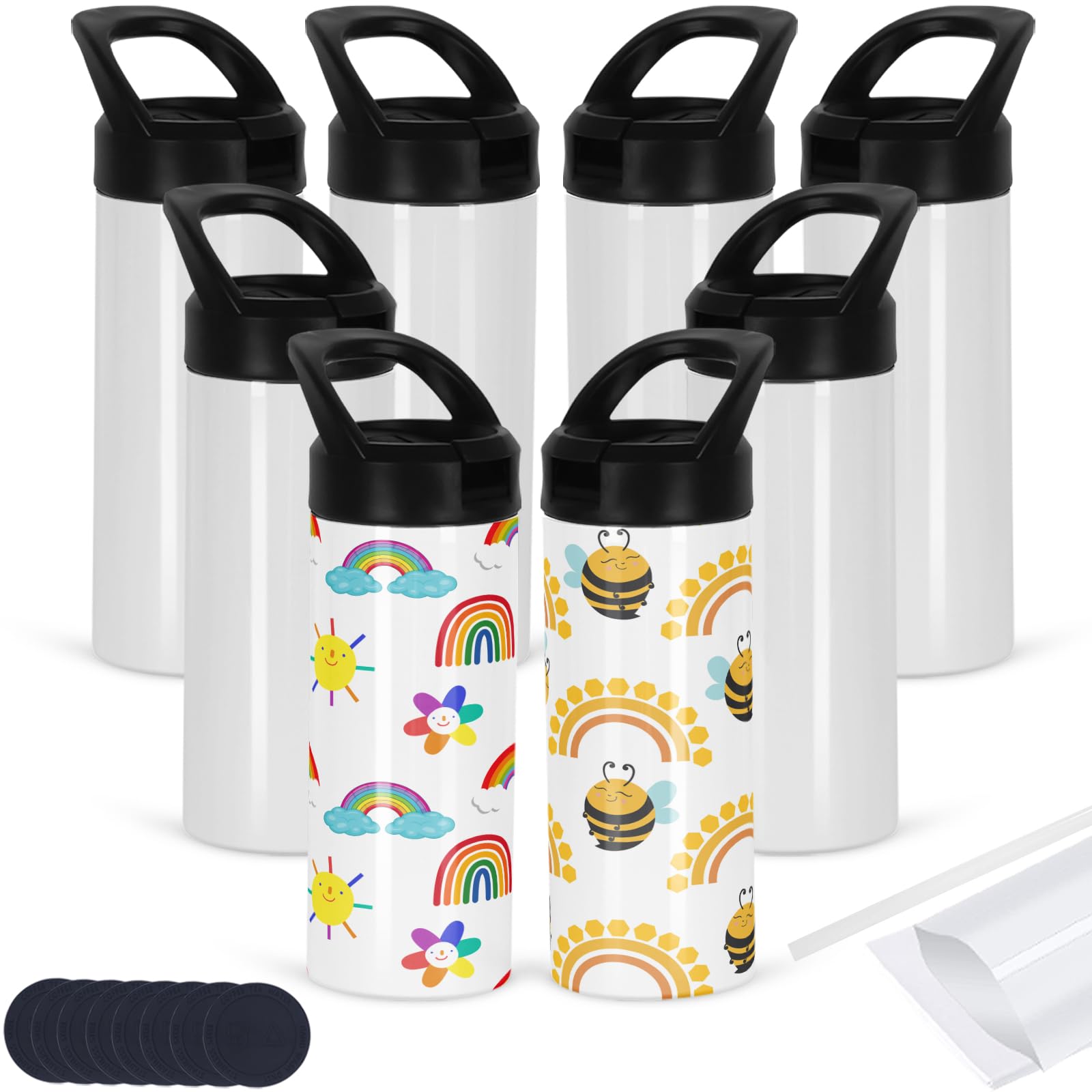 Micellwuu 8 Pack Kid Sublimation Sports Water Bottle Blanks, 15 Oz Sublimation Tumblers Bulk Leak Proof Stainless Steel Bottles Flask with Portable
