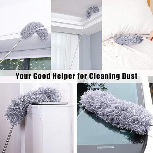 Miniatura 7 de Plumeros de microfibra para limpieza con poste de extensión (30-100 pulgadas), con 2 cabezales flexibles, cubierta resistente a los arañazos,