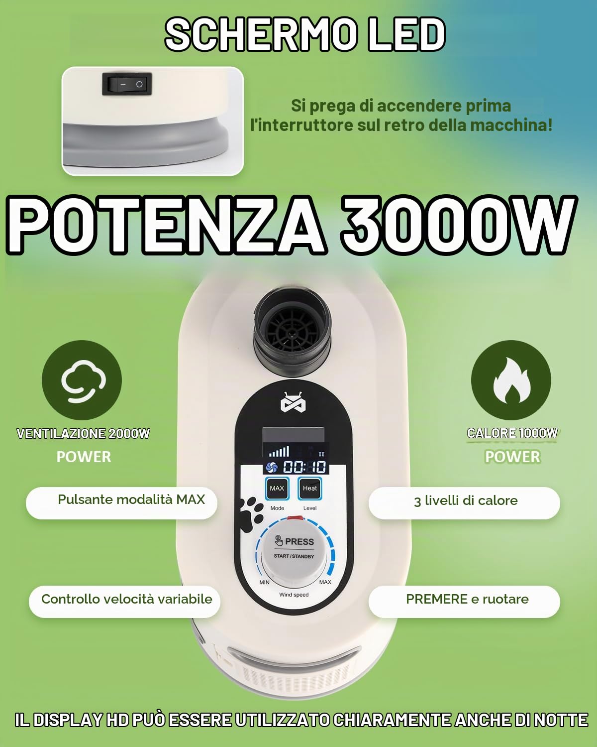 Mxmoonant 2000W Asciugacapelli 2-en-1 Pied pour Chien, écran LED | vitesse et température réglables, avec tube rigide réglable + tube souple normal inclus