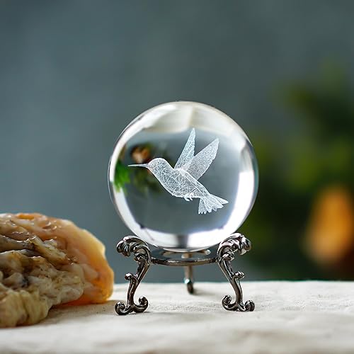 Miniatura 2 de Figuras de colibrí láser de vidrio 3D, bola de cristal de colibrí de 2.362 in con soporte, regalos de colibrí para mujeres, bola de vidrio,