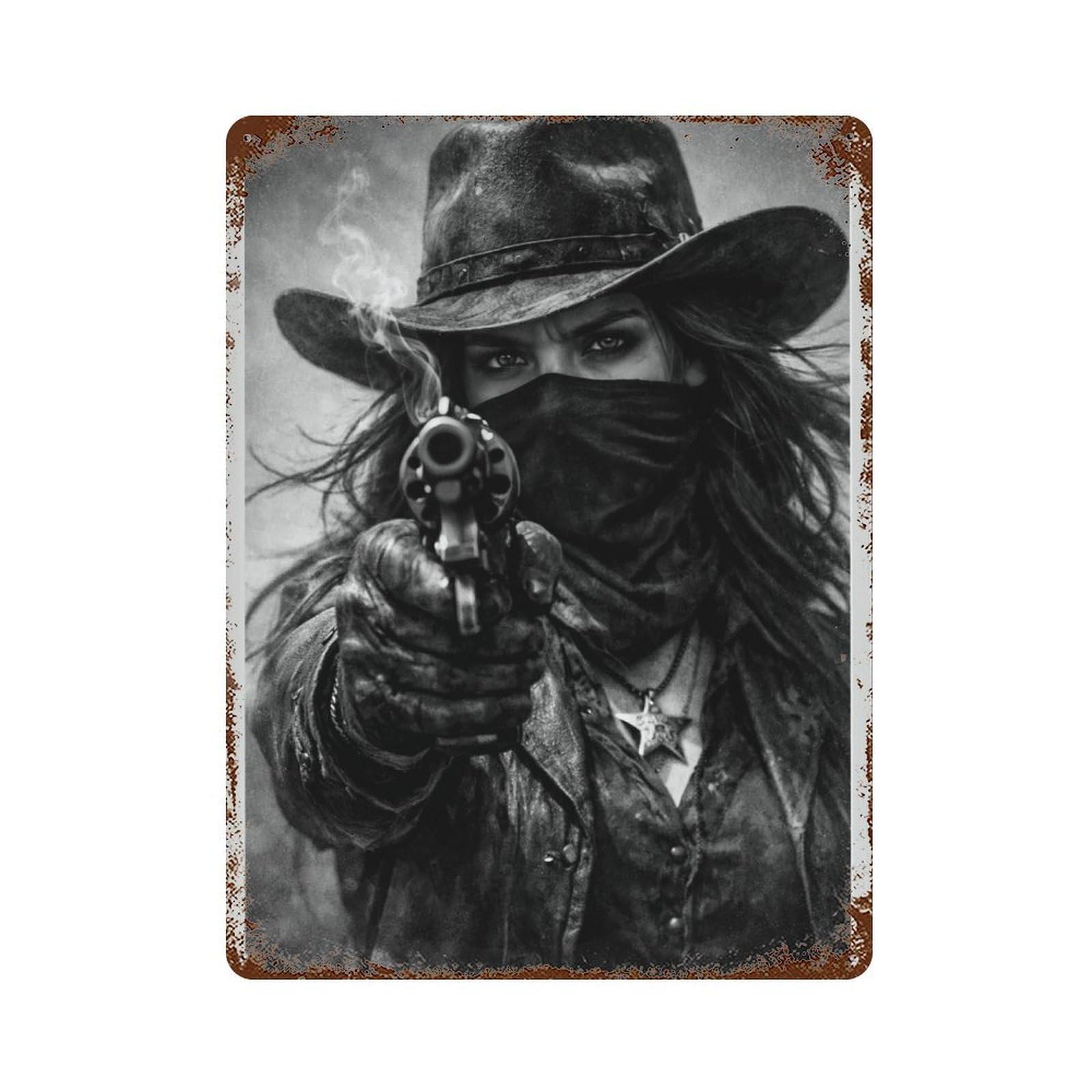 xiaoxiaoshen Western Cowgirl Six Shooter ， Vintage Wild West, Dark Academia Wall Decor Art Metal Tin Poster Modern Home Decor Art Home Bar Shop Decorations Vintage Sign 40x30cm