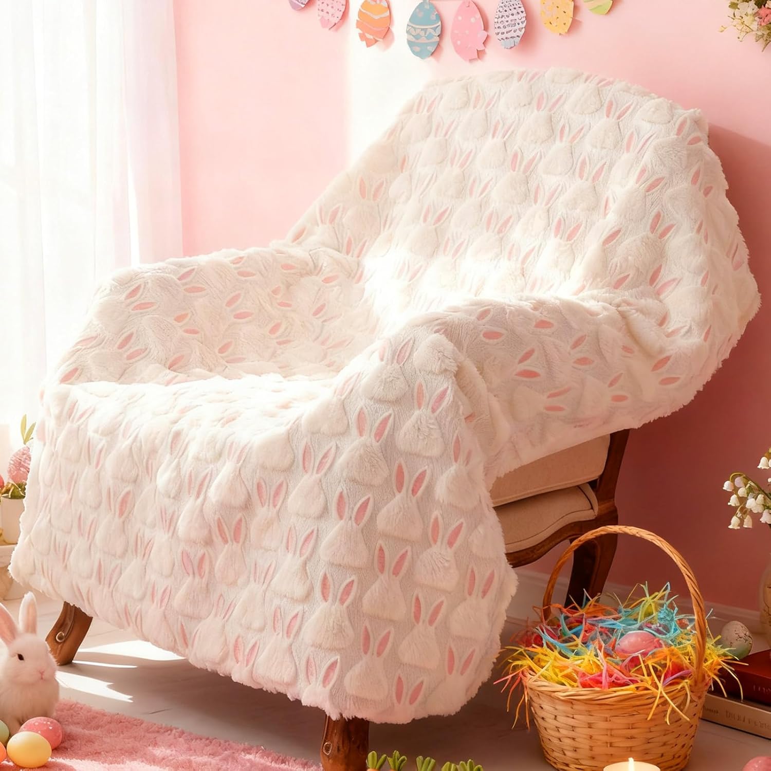 Easter Blanket Throw Pink Bunny Ears White Rabbit Harvest Soft Fuzzy Plush Faux Fur Cozy Blankets for Couch Sofa Bed Lounging Ideal Gifts for Holiday Adults Wife Self 50 x 60 Inches