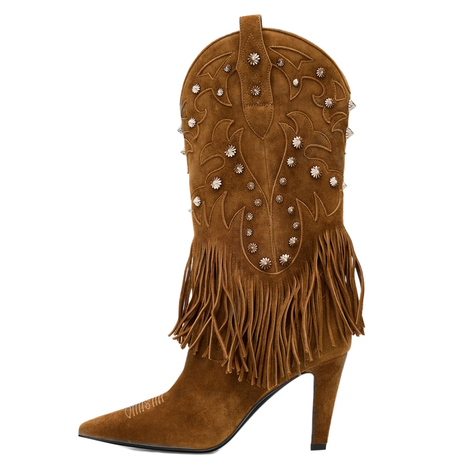 Women Genuine Leather Western Fringe Cowboy Boots Pointed Toe High Heel Cowgirl Boots Studded Mid Calf Western Boots