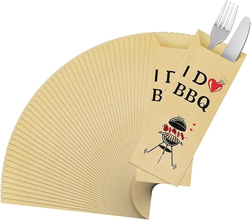 Outus 100 bolsas de cubiertos I Do BBQ de papel de estraza para utensilios, desechables, soporte para utensilios, cuchillo agradecido, tenedor,