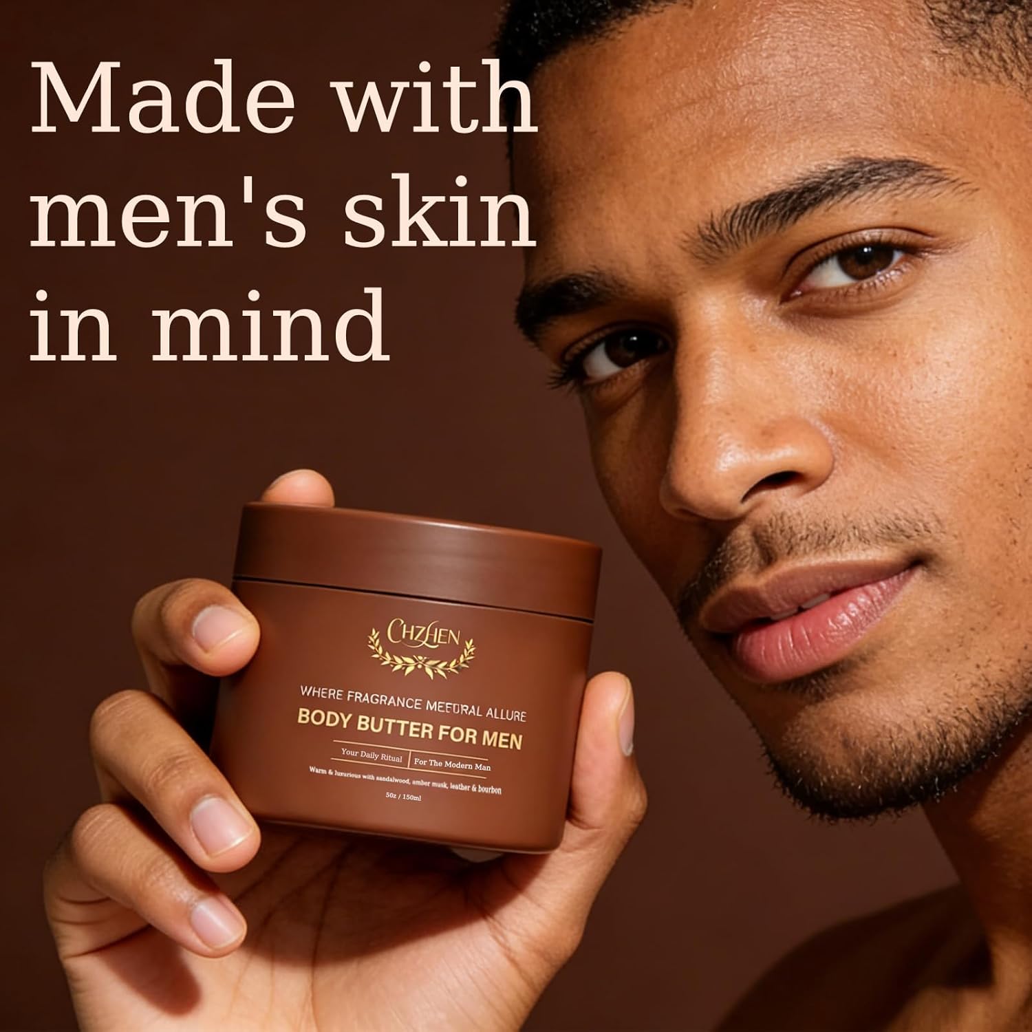 Premium Men's Moisturizing Body Butter - Infused with Natural Shea Butter & Mango Butter - Warm Woody Cologne Scent with Sandalwood Notes - Long Lasting Hydration - 5oz Men's (Sandalwood)