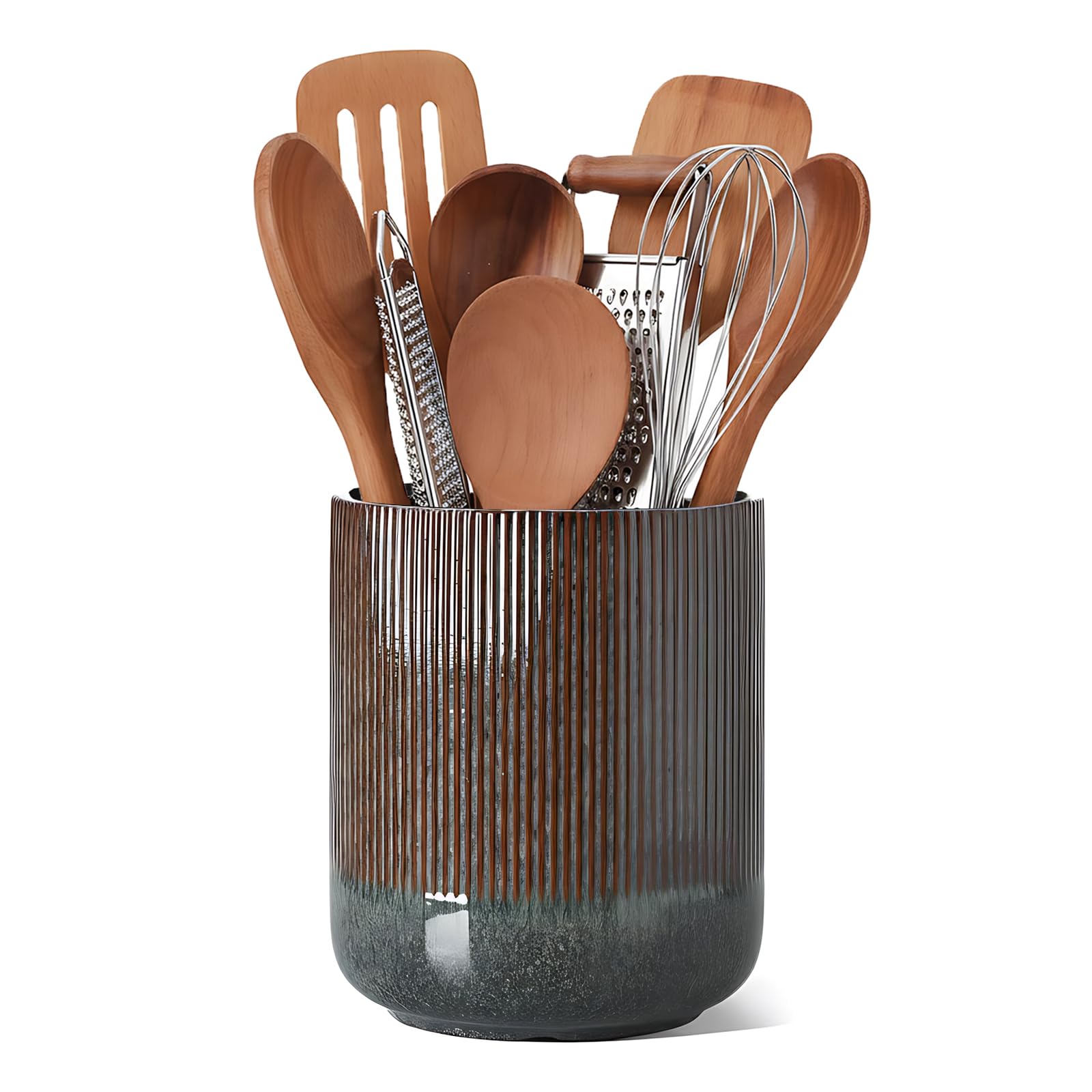 Ptrin Dark Brown Utensil Holder, H18.6xd15cm Ceramic Kitchen Utensils Holder, Large Cooking Utensil Pots For Kitchen Counter, Morden Utensil Organizer For Spatula（Dark Brown）