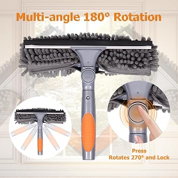 4.5M Extendable Window Cleaning Pole Set, Telescopic 2in1 Long Reach Window Cleaning Equipment with Silicon Squeegee and 5 Microfiber Pad(2Orange 3Gray), Telescopic Long Handle Squeegee with Gloves