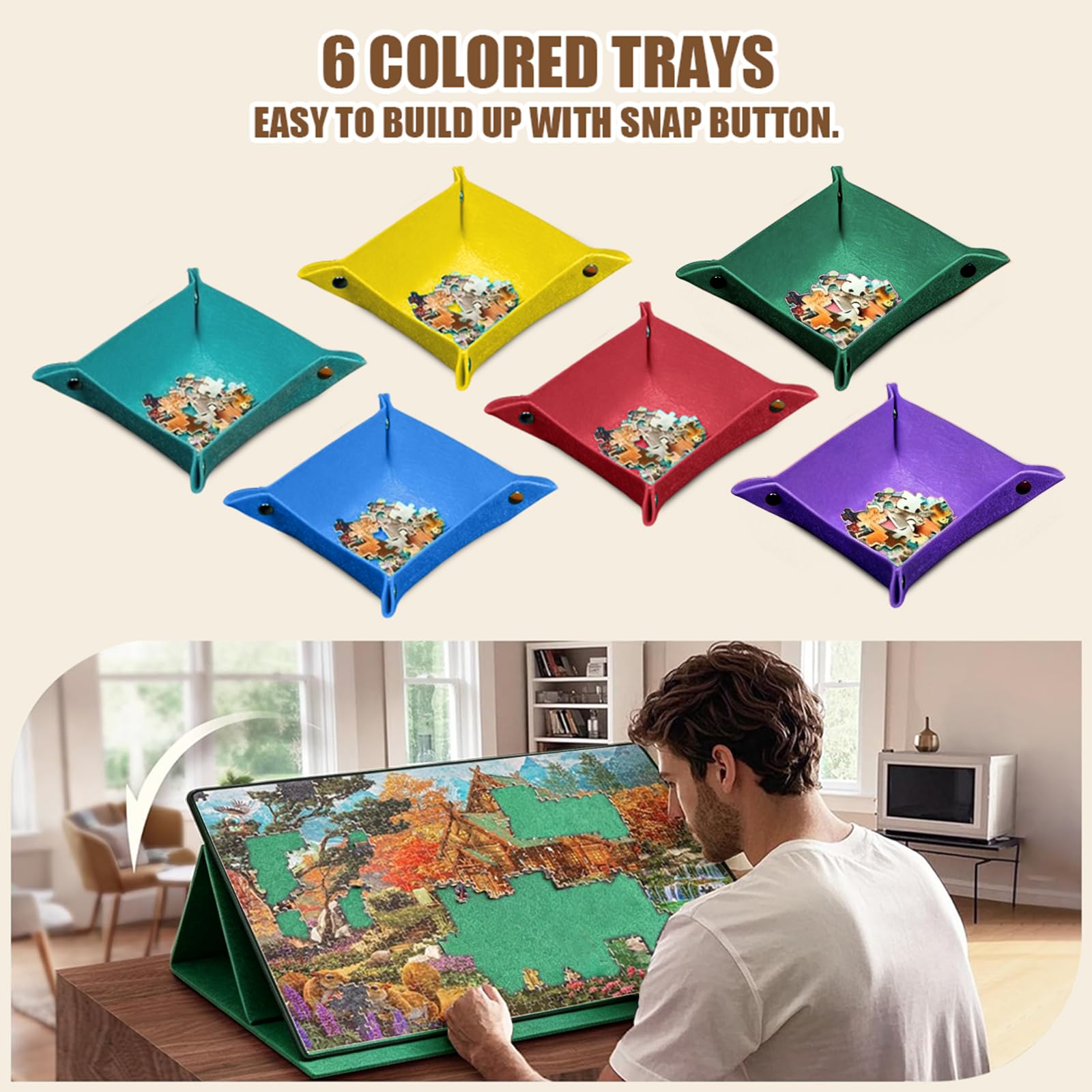 Tavola per puzzle da 1000 pezzi, con design 2 in 1 con supporto e copertura, tavolo portatile con 6 scomparti colorati, accessori per puzzle con antiscivolo, vassoio in feltro, verde