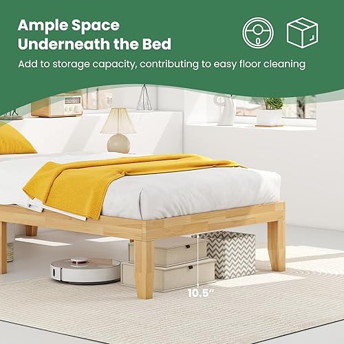 Miniatura 88 de KOMFOTT Base de cama de plataforma de madera de 14 pulgadas, tamaño individual, base de colchón de madera con marco de madera de goma, fuerte Marrón