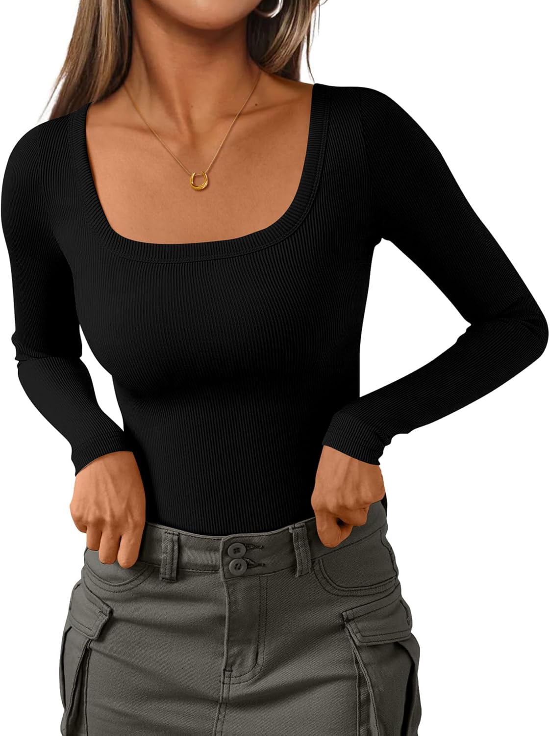 PRETTYGARDEN Long Sleeve Shirts for Women Spring 2026 Ribbed Basic Tees Scoop Neck Trendy Going Out Tops Fashion Clothing