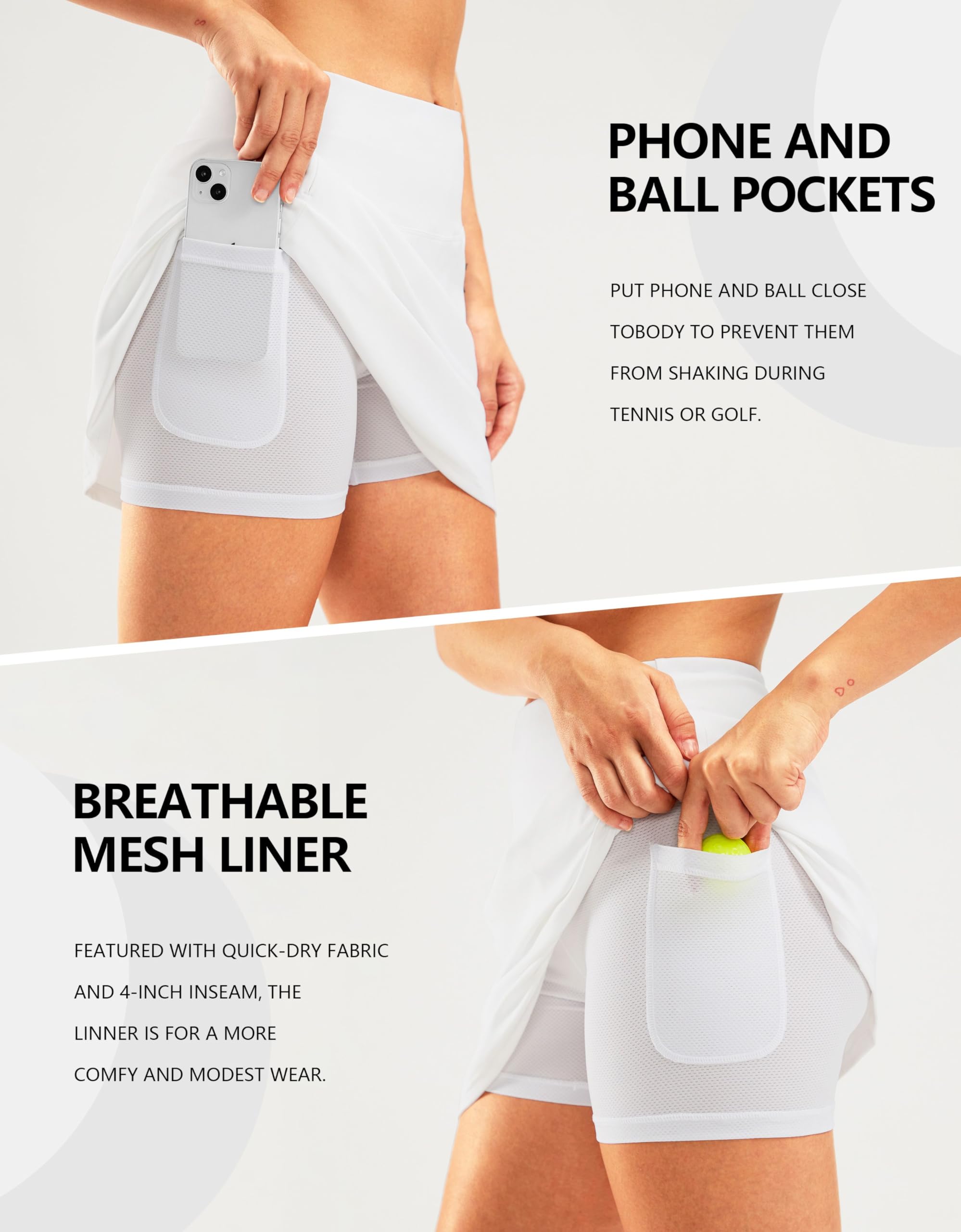 SANTINY Jupe-short de golf de 40,6 cm pour femme avec poches à fermeture éclair, jupe de tennis taille haute pour femme, jupe-short athlétique | Porte-t-shirt, short en maille, taille haute, décontracté, pickleball, athlétique, tennis, jupe-short pour fem