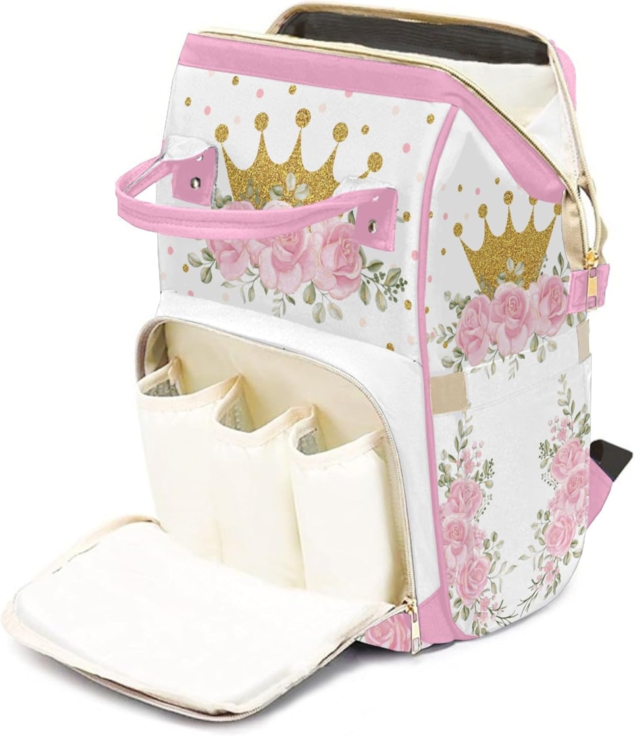 Custom Diaper Bag Mommy Bag with Multi-function Shoulders Outdoor Backpack for Newborn Baby Boy Floral Crown, Pink Customized Nappy Backpack with Thermal Pockets Nursing Bags