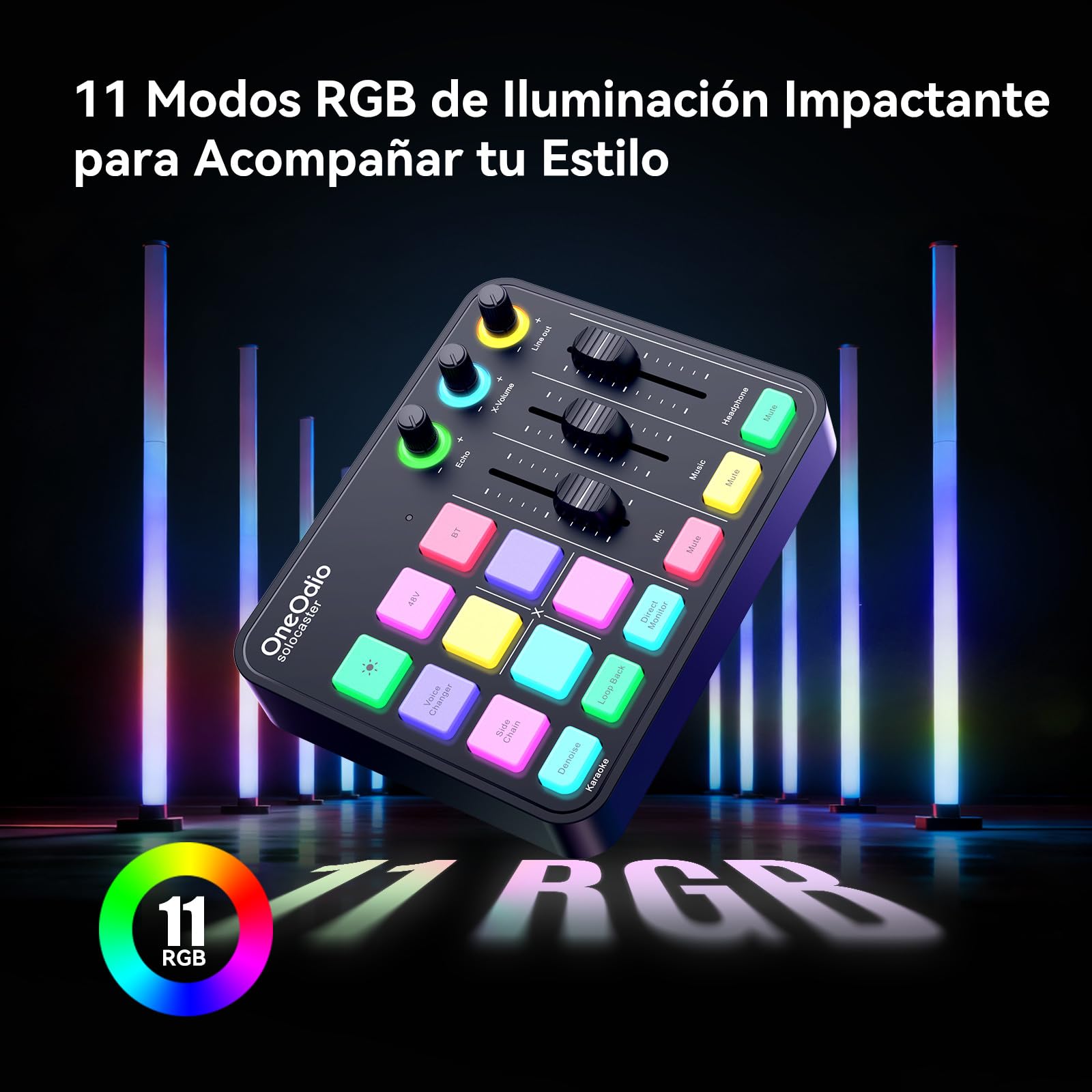 OneOdio Solocaster Mezclador de Audio para Gaming - Interfaz de 5 Canales con Alimentación Fantasma 48V, Bluetooth, Iluminación RGB, 3.5mm/XLR/USB-C, para Streaming/Podcast/Karaoke en PC, Mac y Móvil