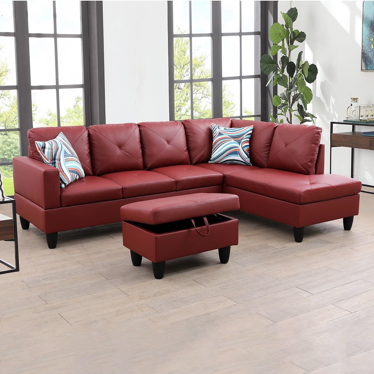 2人掛け・3人掛けソファ Stylish Red Leather Sectional Sofa Zion Sectional Sofa Couch,L-Shaped Modern Style with Storage