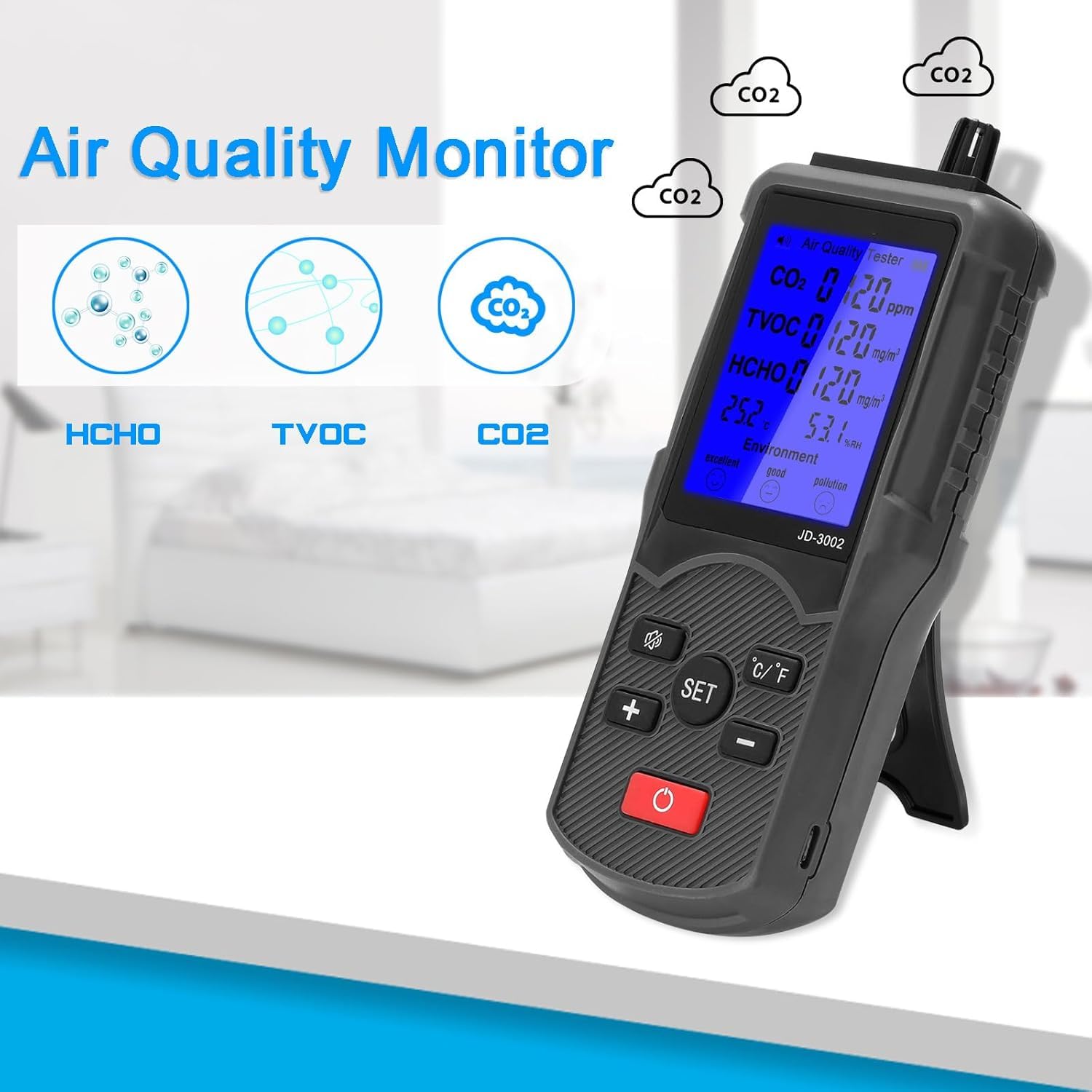 Medidor de calidad del aire, detector de formaldehído, visualización en tiempo real de CO2 en el aire, formaldehído/TVOC, temperatura/humedad, pantalla de 2,8 pulgadas, para dormitorios y oficinas dom