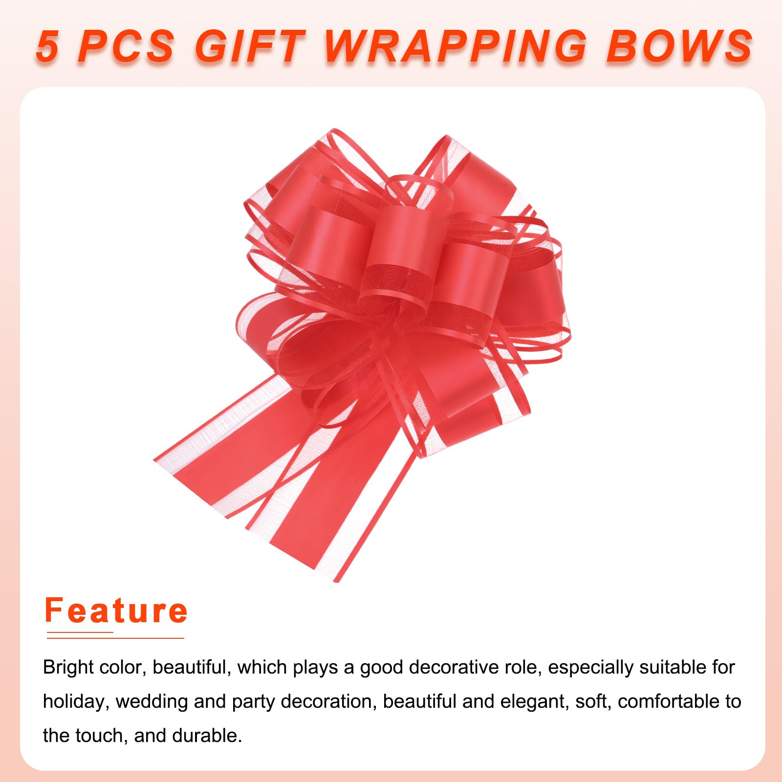 Uxcell 5pcs 6 Inch Large Big Pull Bow Organza Gift Wrapping Bows Ribbon for Wedding Car Baskets Presents Christmas Bow, Red - Image 4