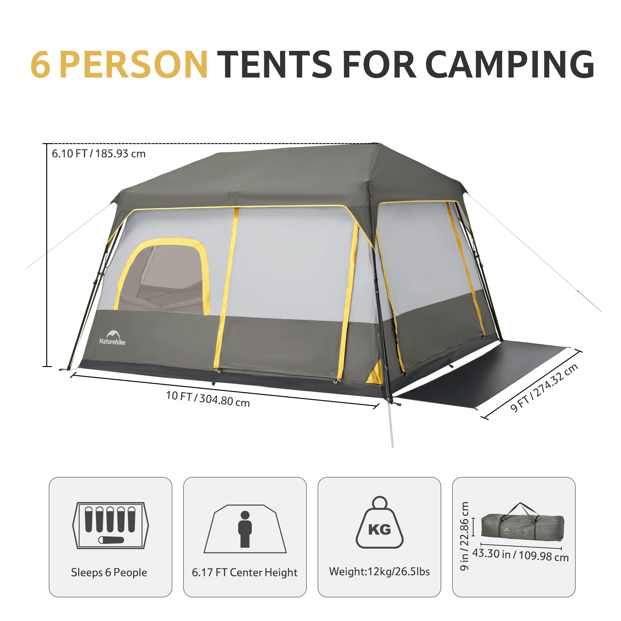Naturehike Cape - Tienda de campaña grande para 6 personas, resistente al agua, tipo túnel PU3000 mm para viajes familiares, camping y viajes en coche