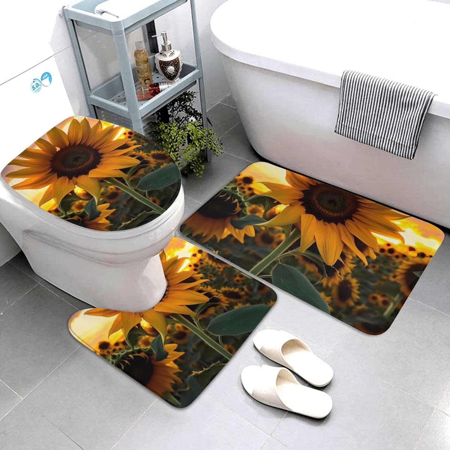 Bathroom Rugs Sets 3 Piece, Farm Sunflower Print Bath Mat Set with Non-Slip Rugs, Toilet Lid Cover and Bathroom Mat, Flannel Rugs for Bathroom Decor