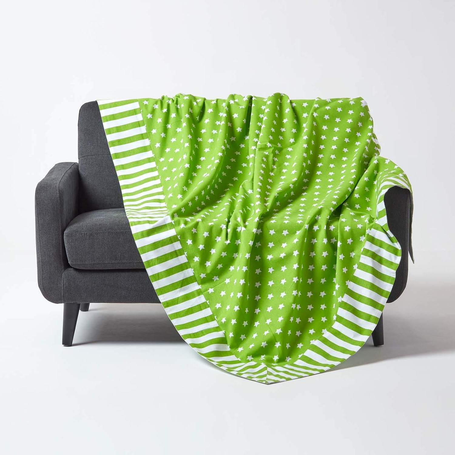 HOMESCAPES - Decorative Throw - 150 x 200 cm 60 x 79 Inch - Green Stars - 100% Cotton - Washable Patchwork Sofa or Bed Throw