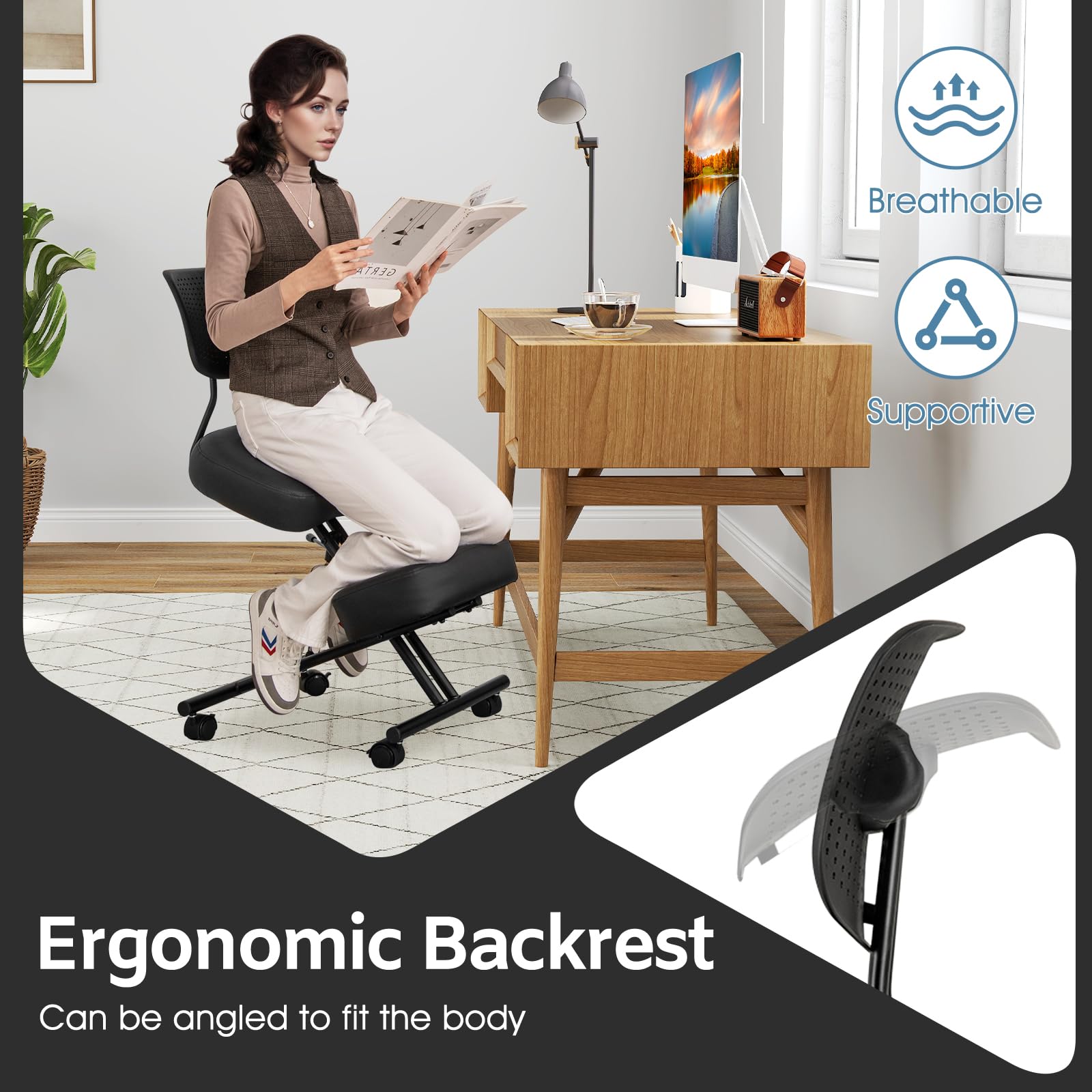 HOMASIS Genouillère Ergonomique, Tabouret à Genoux avec 4 roulettes & Freins, réglable en Hauteur, Chaise de Bureau avec Coussin d'assise épais, Pouf orthopédique Chaise d'ordinateur (avec Dossier)