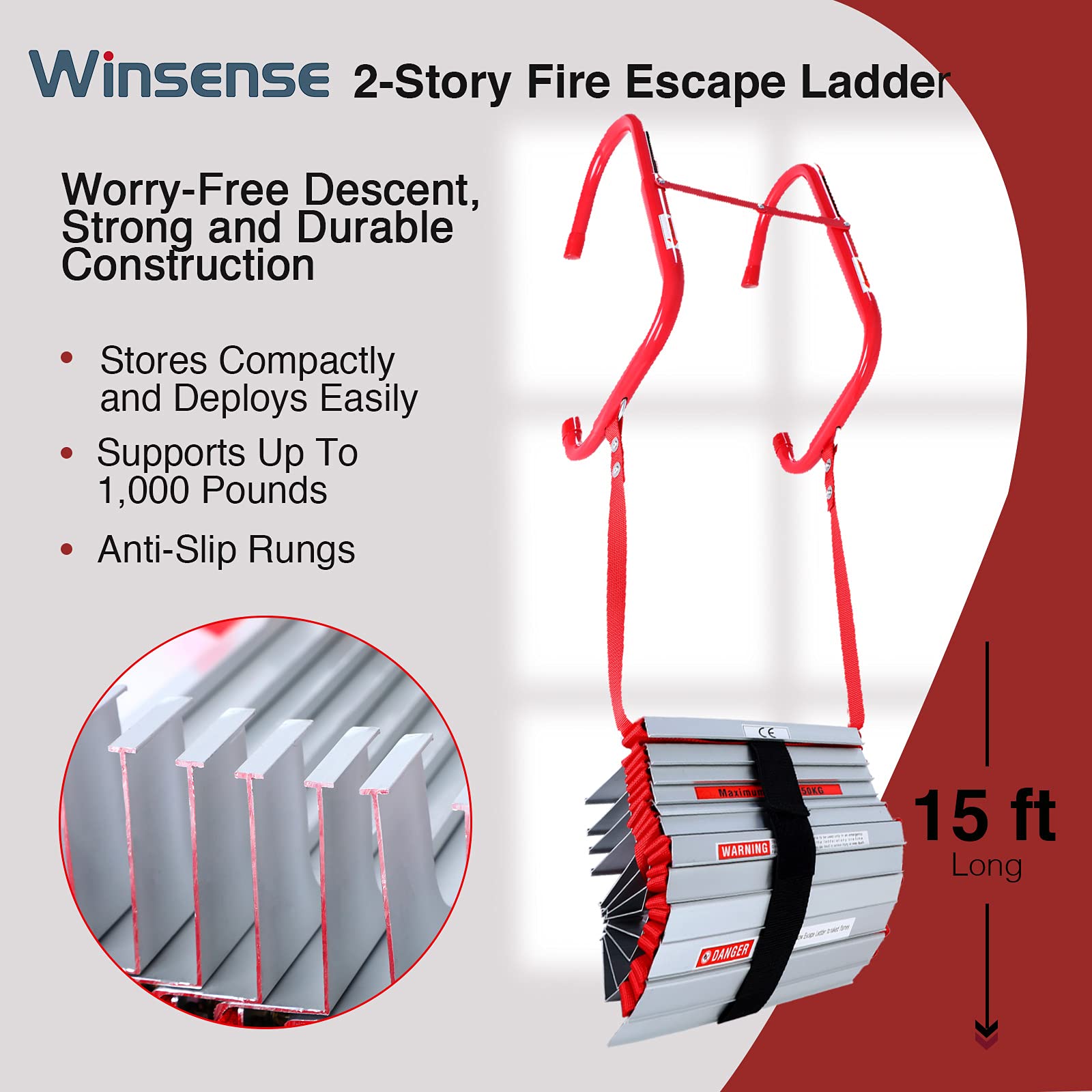WINSENSE Retractable Fire Escape Ladder 2 Story Homes, 15 Foot with