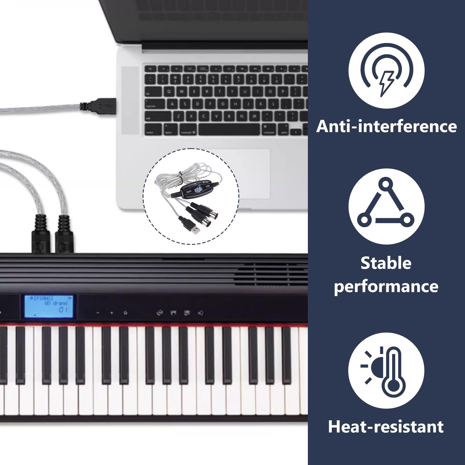 Câble Adaptateur MIDI Vers USB-C - 2 M, DIN 5 Broches IN/OUT, Plug & Play, Pour Claviers, Pianos, PC