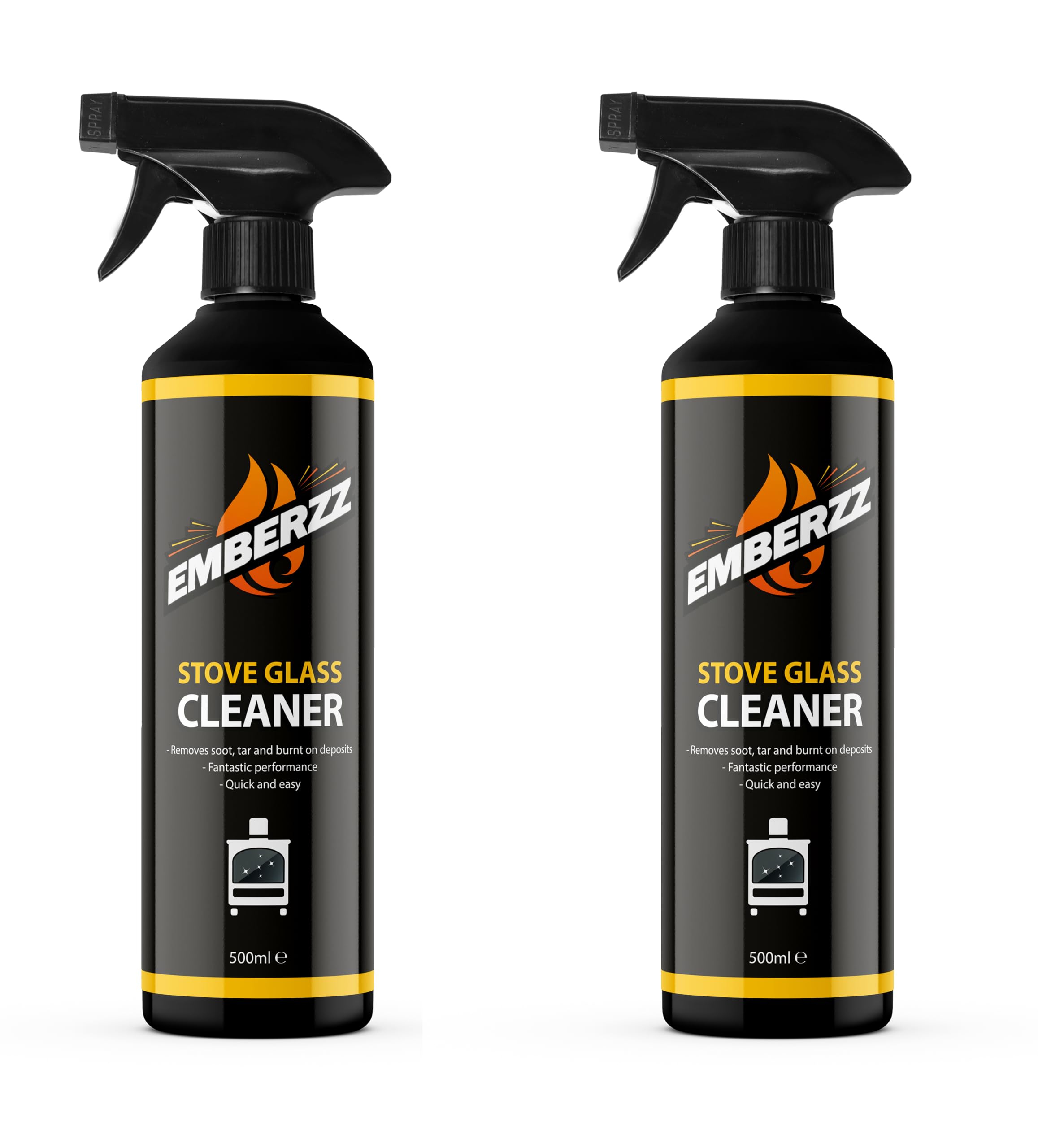 Emberzz - Stove Glass Cleaner - Dissolves Soot, Grease and Tar- Crystal Clear Glass - For Wood Log Burner - 500ml x 2