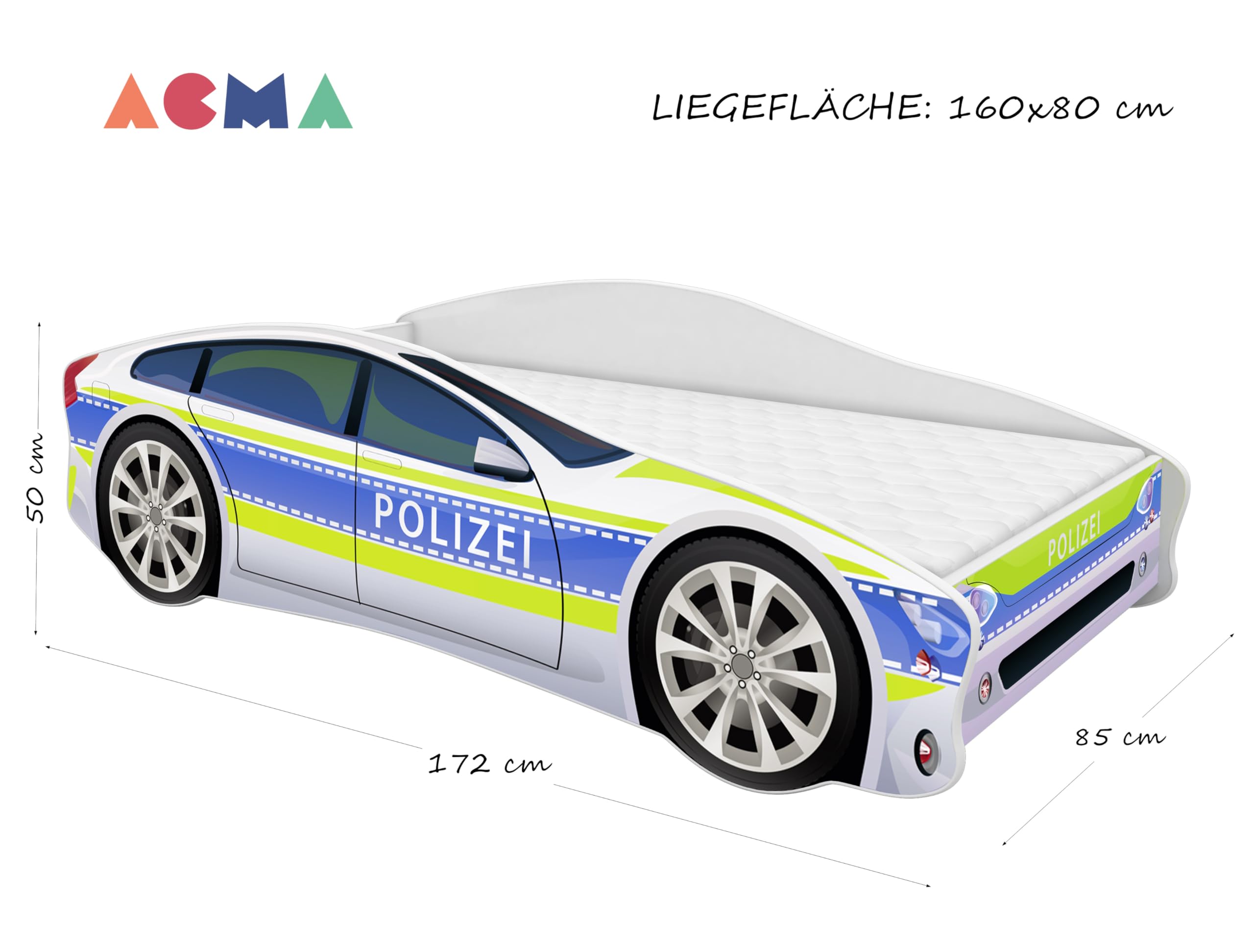 ACMA Autobett Polizei 160x80 cm - Kinderbett Auto im Polizeiwagen Design mit Matratze und Lattenrost, Jugendbett mit Rausfallschutz, Modell Polizei 1, belastbar bis 150 kg