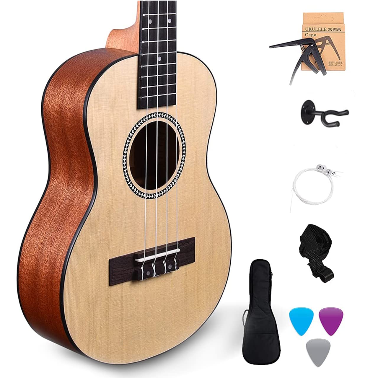 Kadence Ukulele 24" Concert Size + (Free online learning Course) Spruce wood ukelele Super combo with Strap, Bag, stand Strings, Capo, Picks & learning course (Super Combo)