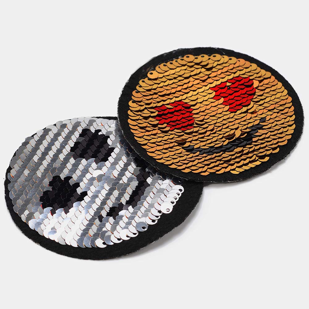 Joyce Trim Reversible flip Sequin Patch Applique by 2-pcs, TR-11879 (Smile Emoji - Gold/Silver)