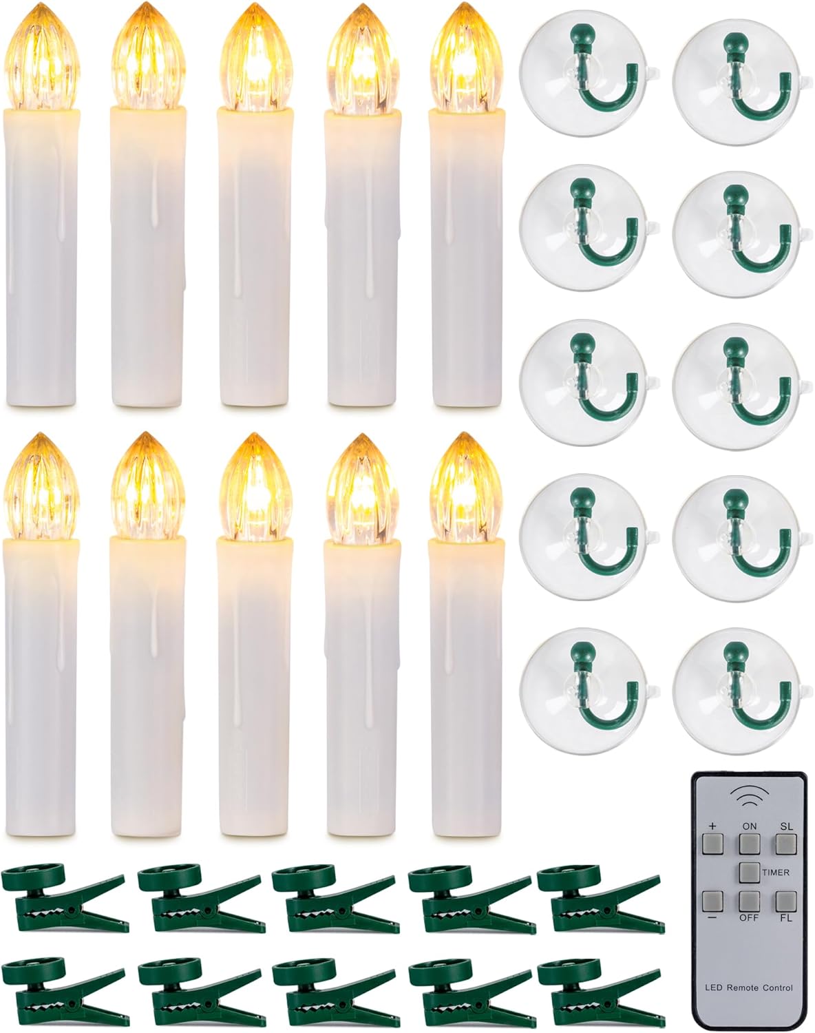 Homemory 10 Pcs Clip On Candles for Christmas Tree with Remote and Timer, Flickering LED Window Candle with Clips/Suction Cups, Warm White Light, Dia 0.7''x H 4''