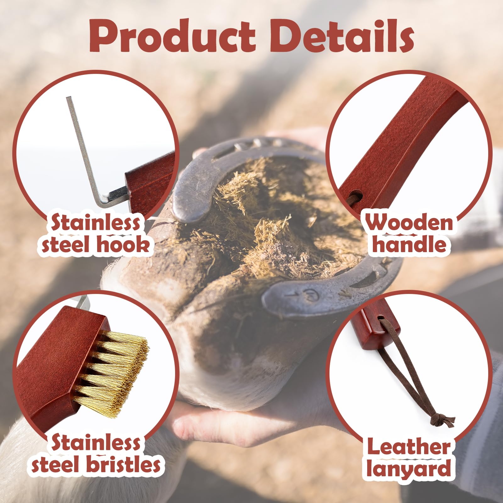 Horse Hoof Pick with Brass Wire Brush and Wooden Grip Farrier Tool Hoof Pick Supplies for Horse Cleaning and Grooming - image 3