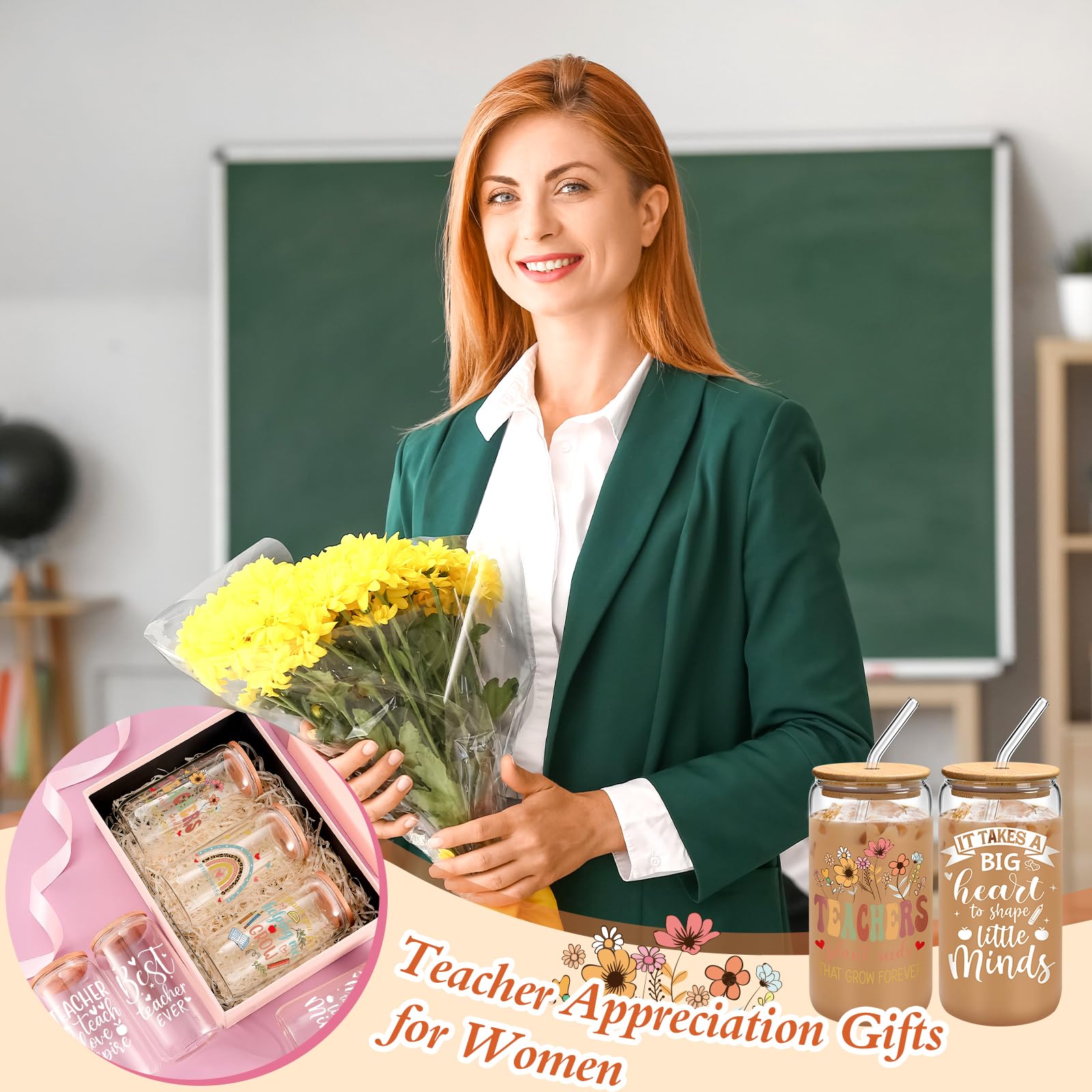 12 paquetes de regalos para profesores para mujeres y hombres, vasos de vidrio de 16 onzas con tapas y popotes, regalos de agradecimiento de agradecimiento, lata de cerveza, taza de café, taza