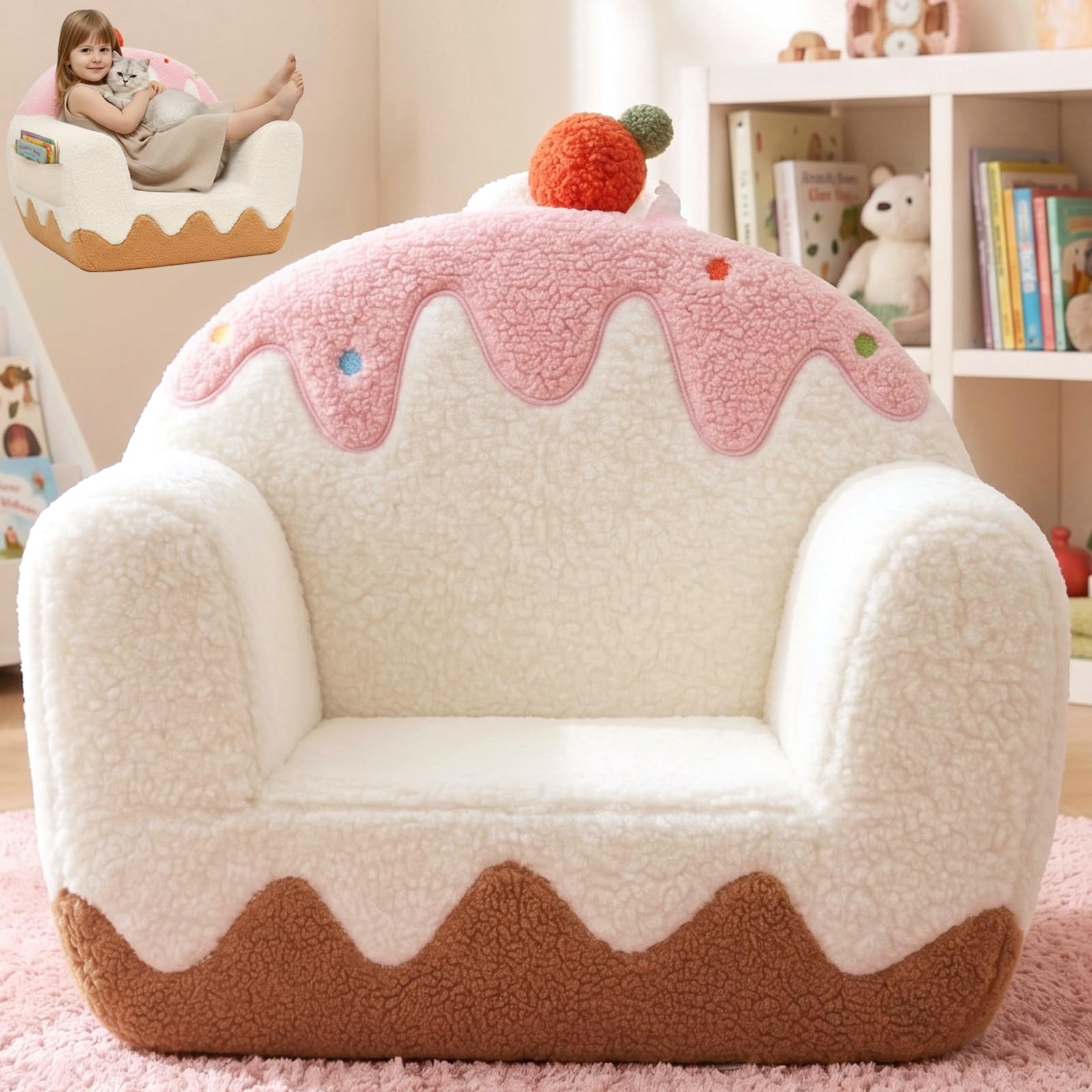 OUOZZZ Kids Chair & Toddler Chair for Ages 4-6, Large Kids Sofa & Toddler Sofa, Sweet Ice-Cream Sherpa Armchair for Girls, Comfy Foam Reading Chair for Playroom