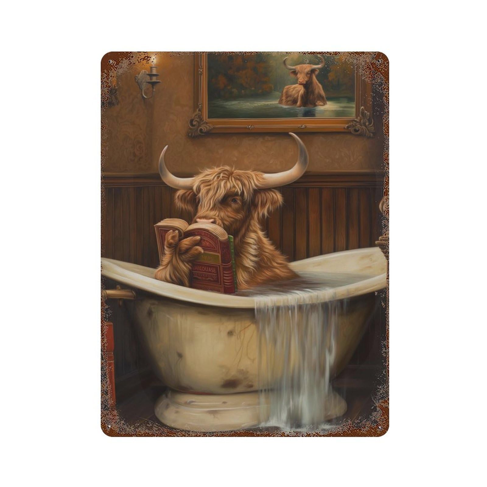 Rust Effect Tin Sign Highland Cow Bathroom Book 15.7"x11.8", Vintage Wall Decor for Basement, Hobby Room And Garage Decor