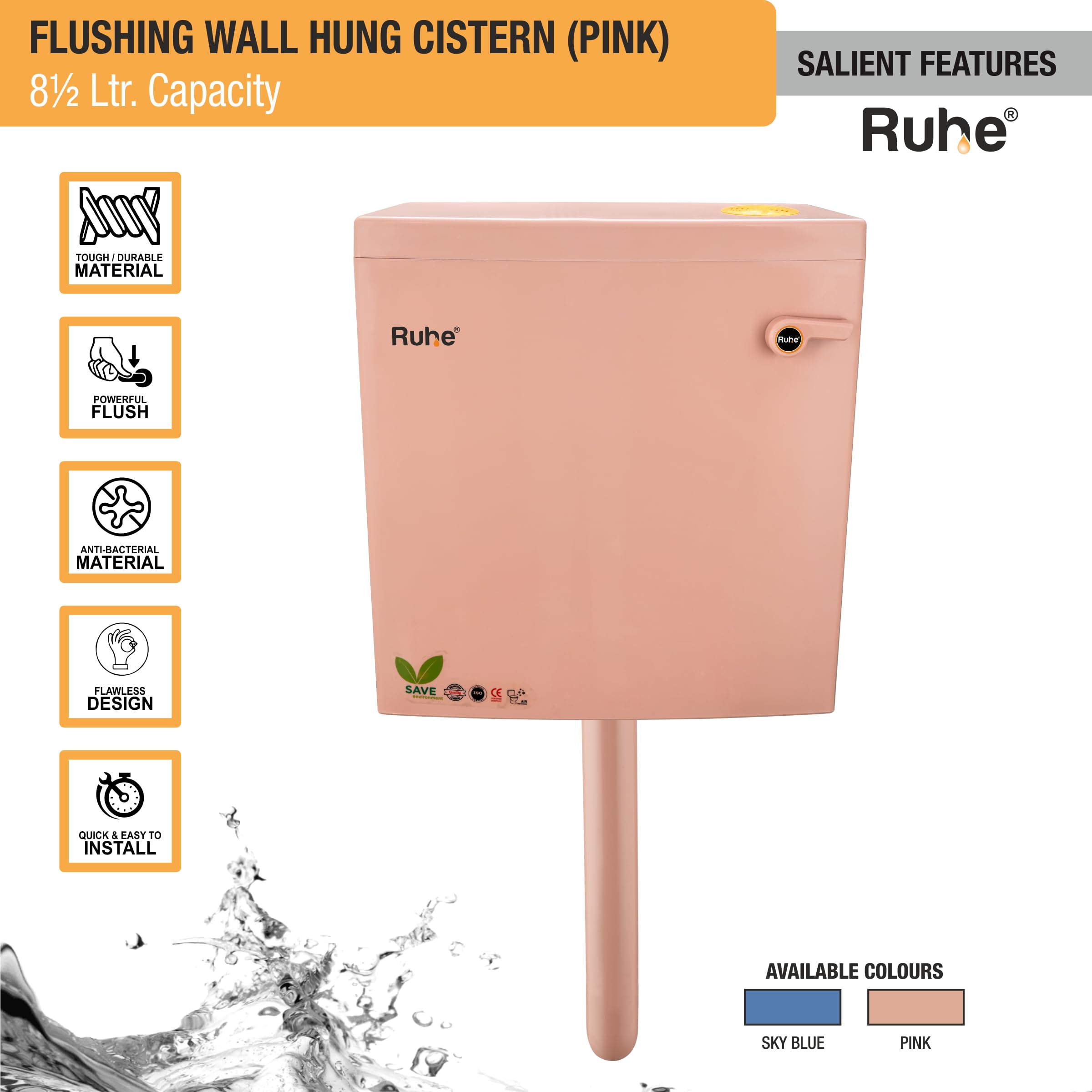 Ruheยฎ Flushing Wall Hung Cistern 8.5 Ltr Capacity | Pink Toilet Flush Tanks | PVC Flushing Cistern Water Flush Tank 1