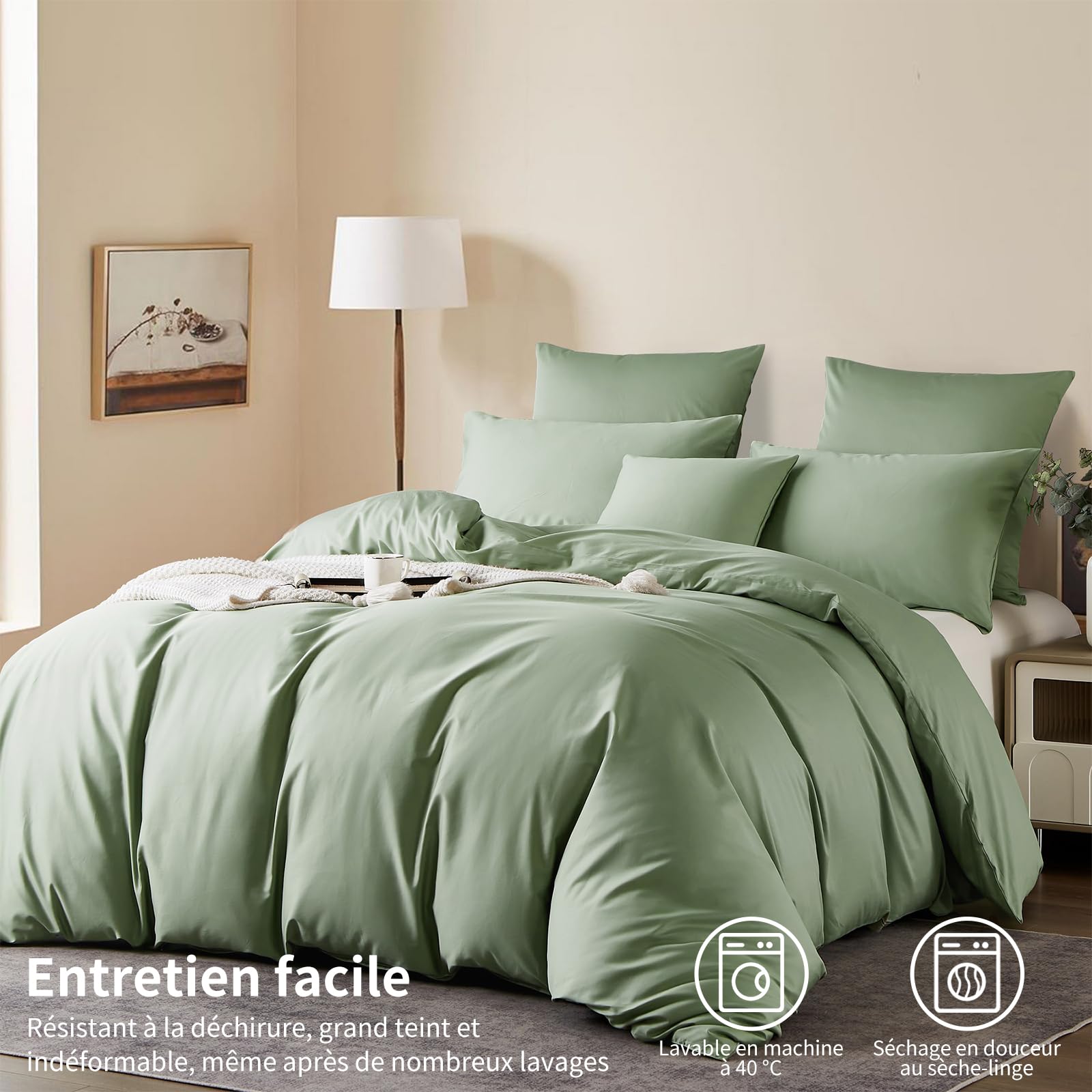 Copripiumino in raso di cotone 240 x 260 verde, 100% cotone, raso, set da letto morbido e setoso traspirante Lyocell seta biancheria da letto matrimoniale con cerniera e cuscino, federe 65 x