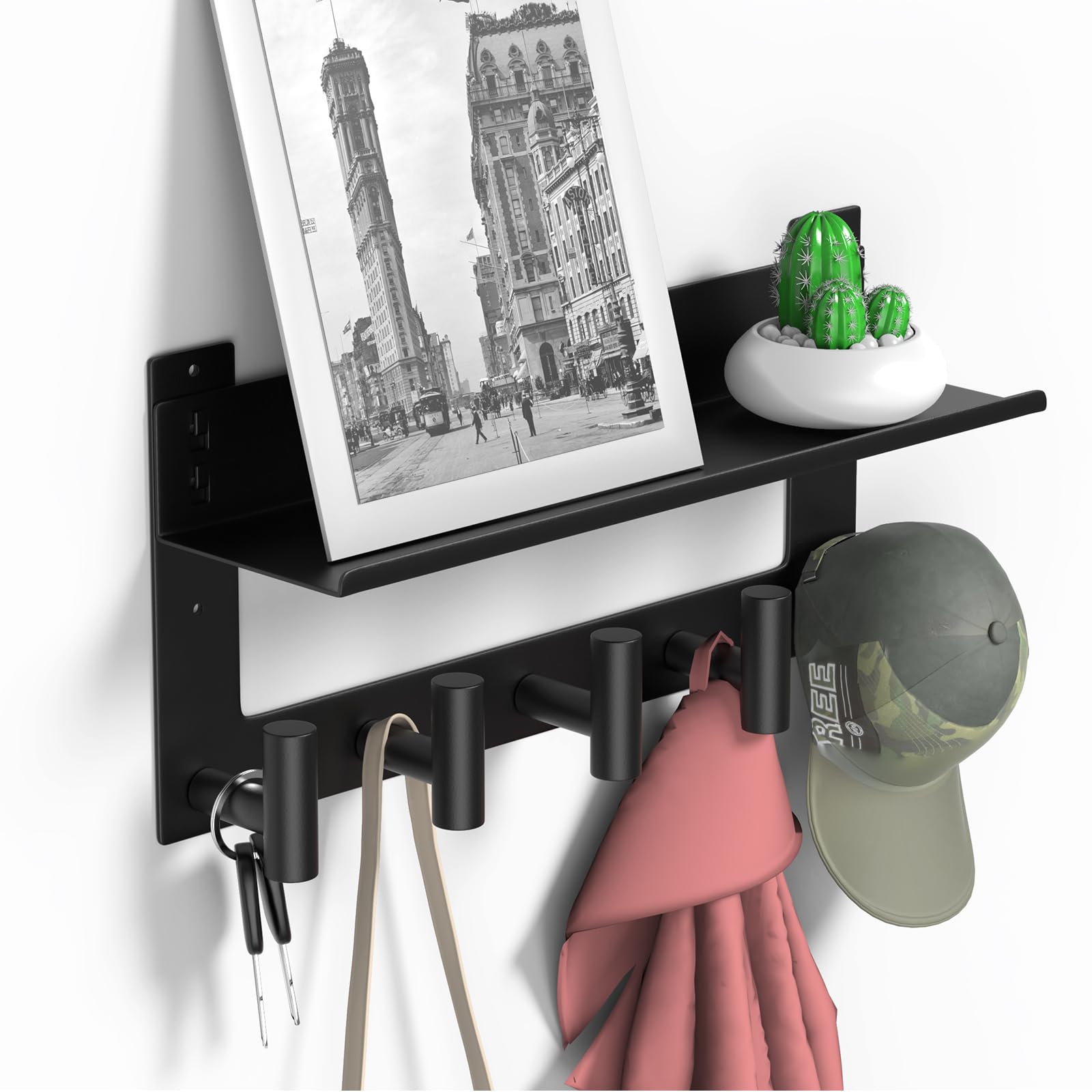 VAEHOLD Wall-mounted Coat Rack with Shelf Wall Hooks with Upper and Lower Double Storage Entryway Shelf with 5 Stainless Steel Hooks to Hang Clothes