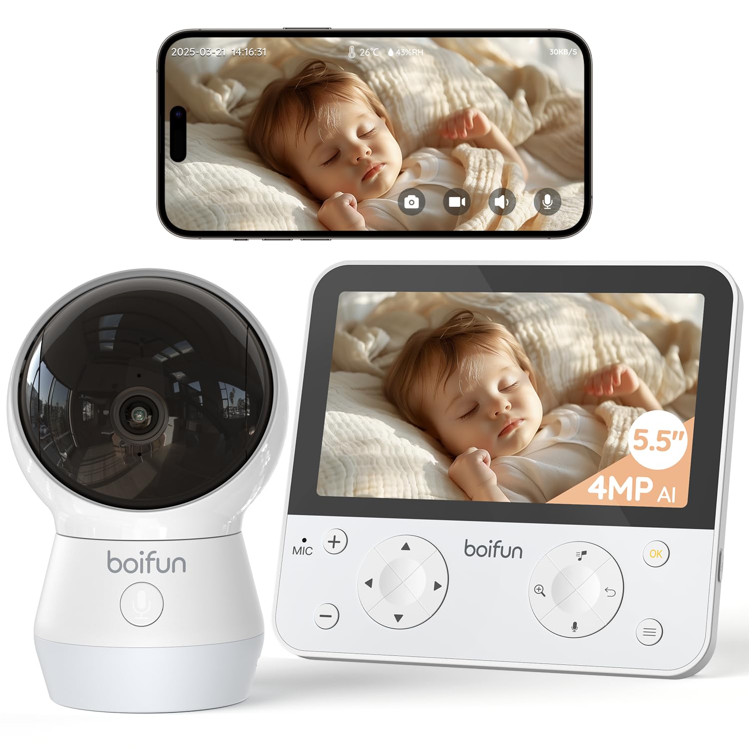 BOIFUN 2.5K/4MP 5.5'' Camara Vigilancia Bebe con Detección IA de Postura del Bebé al Dormir, WiFi Movil, Visión Nocturna, Luz Nocturna Incorporada, Rotación de 360°, Audio de 2 Vías, 4000mA