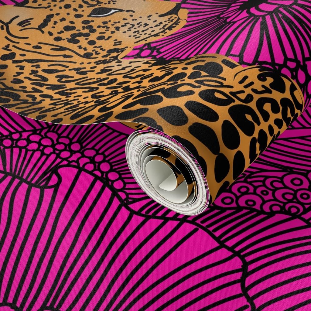 Spoonflower Peel & Stick Wallpaper Swatch - Maximalist Leopard Hot Pink Large Safari Zoo Bright Bold Custom Removable Wallpaper