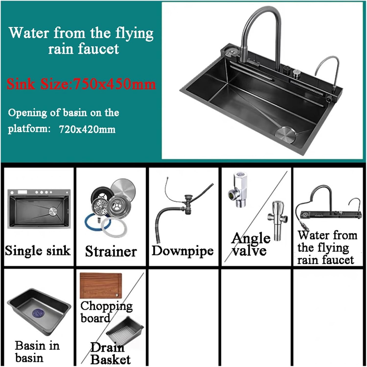 304 Stainless Steel Kitchen Sink Waterfall Large Single-tank Vegetable Basin Cup Washer Bowl With Waterfall Faucet