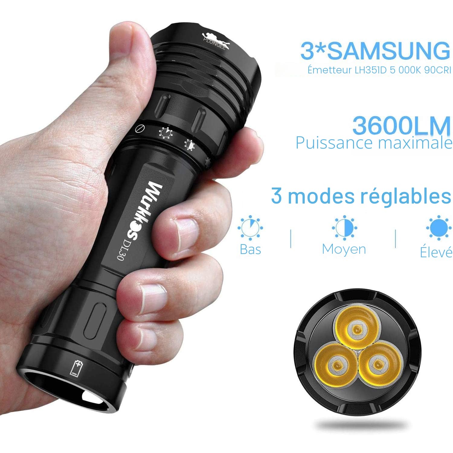 Wurkkos lampe de plongée 3600 lumens rechargeable IPX8 étanche 3* CRI 90 LED lampe de poche sous-marine avec chargeur